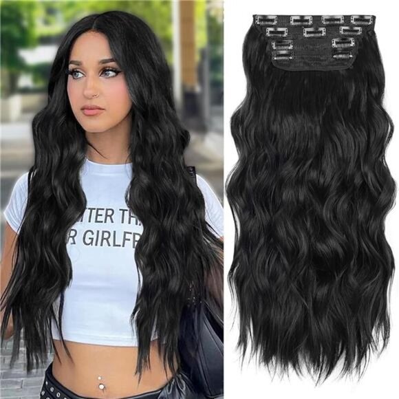 Other - ALXNAN Clip in Long Wavy Synthetic Hair Extension 24 Inch Black 4PCS Thick